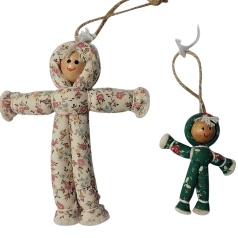 🧸 Vintage Cloth Wood Doll Christmas Ornaments Lot 2 Folk Art Floral Elf Decor